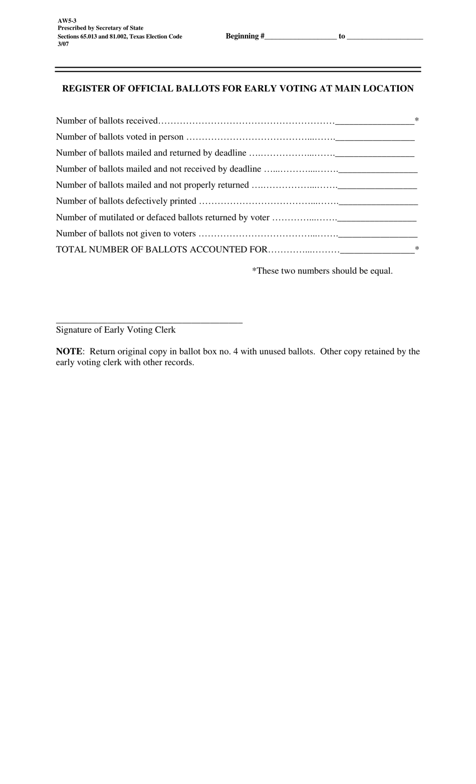 Form AW5-3 Register of Official Ballots for Early Voting at Main Location - Texas, Page 1