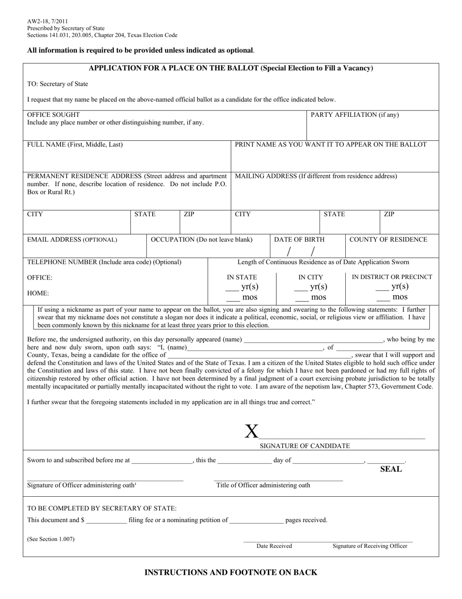 Form AW2-18 Application for a Place on the Ballot (Special Election to Fill a Vacancy) - Texas (English/Spanish), Page 1