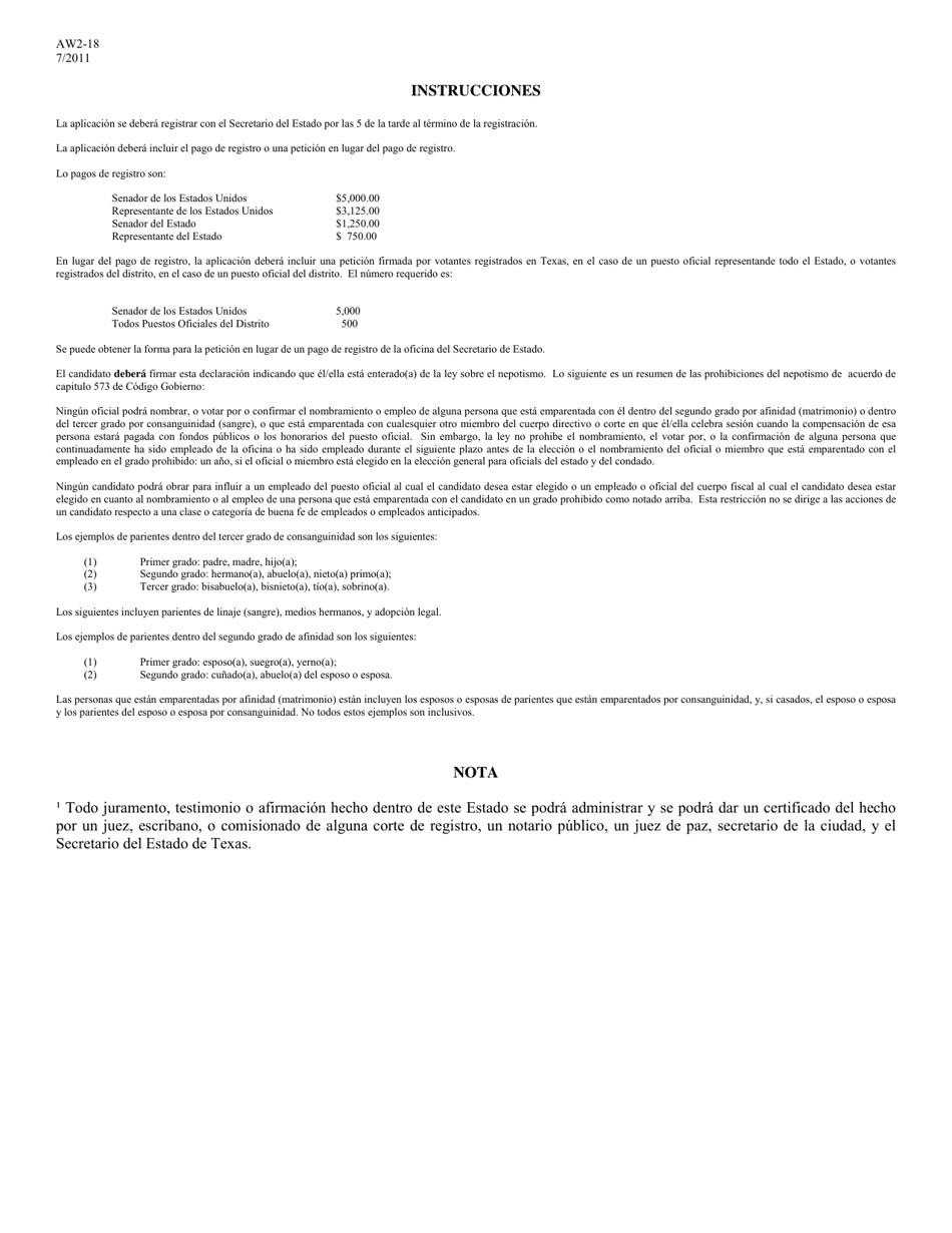 Form AW2-18 Application for a Place on the Ballot (Special Election to Fill a Vacancy) - Texas (English / Spanish), Page 4