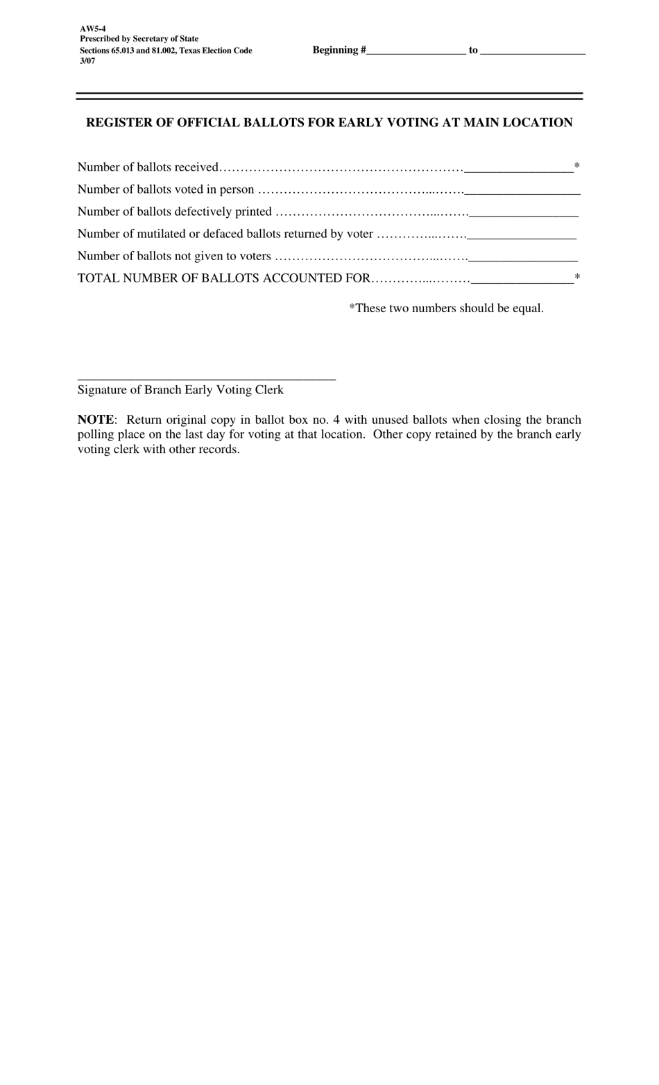 Form AW5-4 Register of Official Ballots for Early Voting at Main Location - Texas, Page 1
