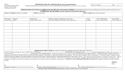 Document preview: Form AW2-19 Petition in Lieu of a Filing Fee (For Use in a Special Election) - Texas (English/Spanish)