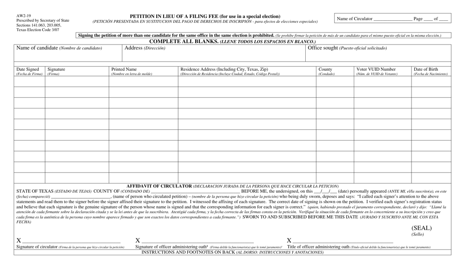 Form AW2-19 Petition in Lieu of a Filing Fee (For Use in a Special Election) - Texas (English / Spanish), Page 1