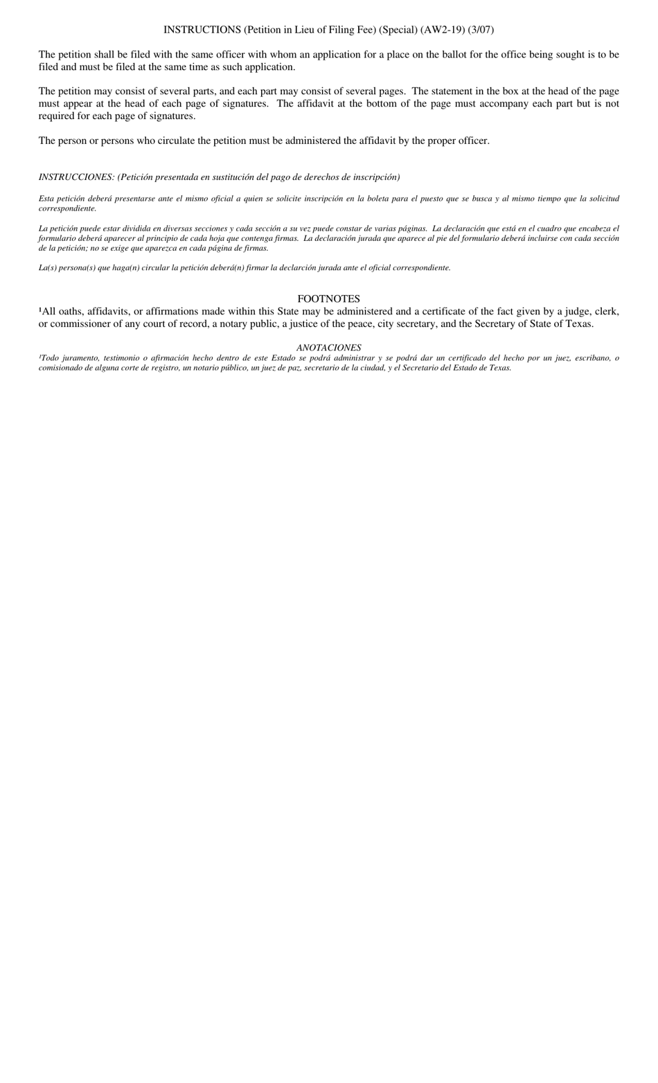 Form AW2-19 Petition in Lieu of a Filing Fee (For Use in a Special Election) - Texas (English / Spanish), Page 2