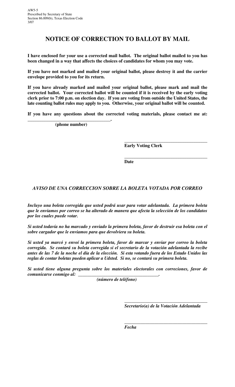 Form AW5-5 Notice of Correction to Ballot by Mail - Texas (English / Spanish), Page 1