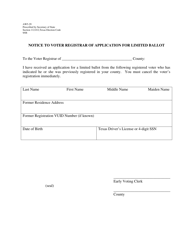 Document preview: Form AW5-29 Notice to Voter Registrar of Application for Limited Ballot - Texas