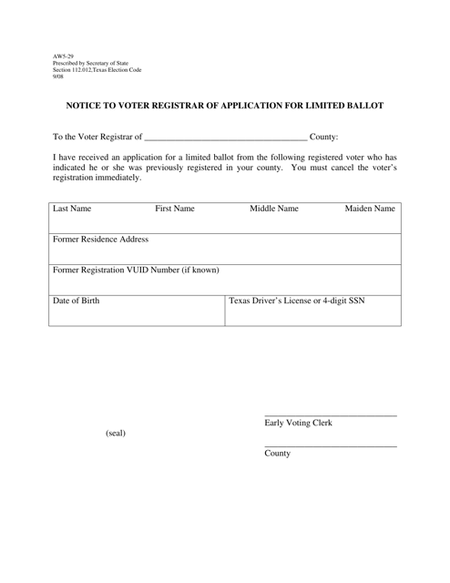 Form AW5-29 Notice to Voter Registrar of Application for Limited Ballot - Texas