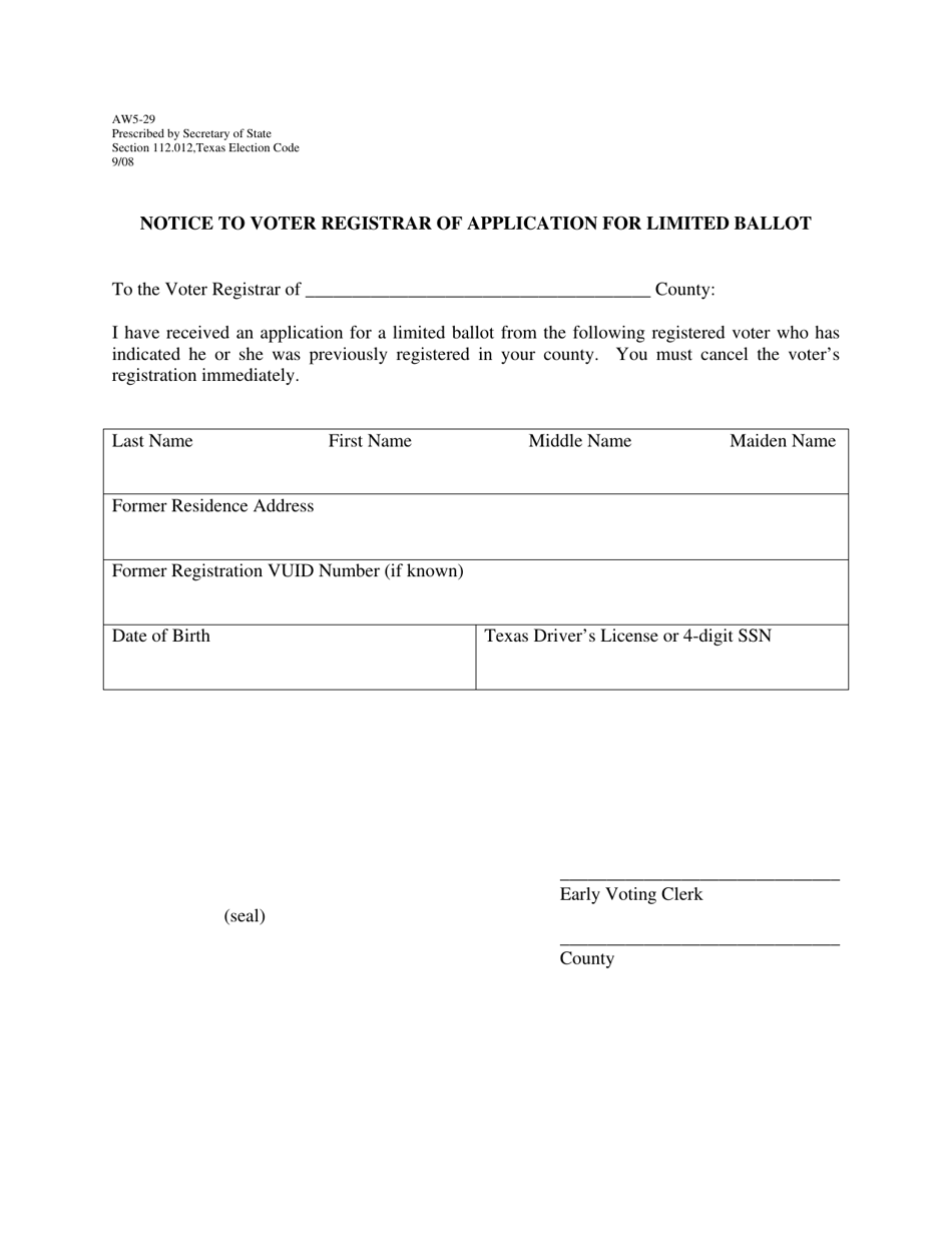 Form AW5-29 Notice to Voter Registrar of Application for Limited Ballot - Texas, Page 1