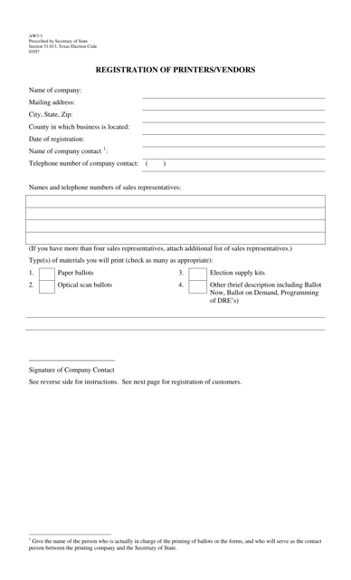Form AW3-1 Registration of Printers/Vendors - Texas