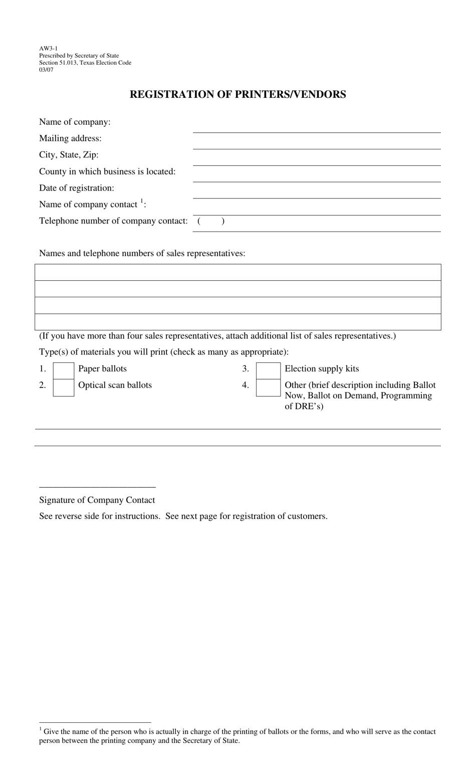 Form AW3-1 Registration of Printers / Vendors - Texas, Page 1