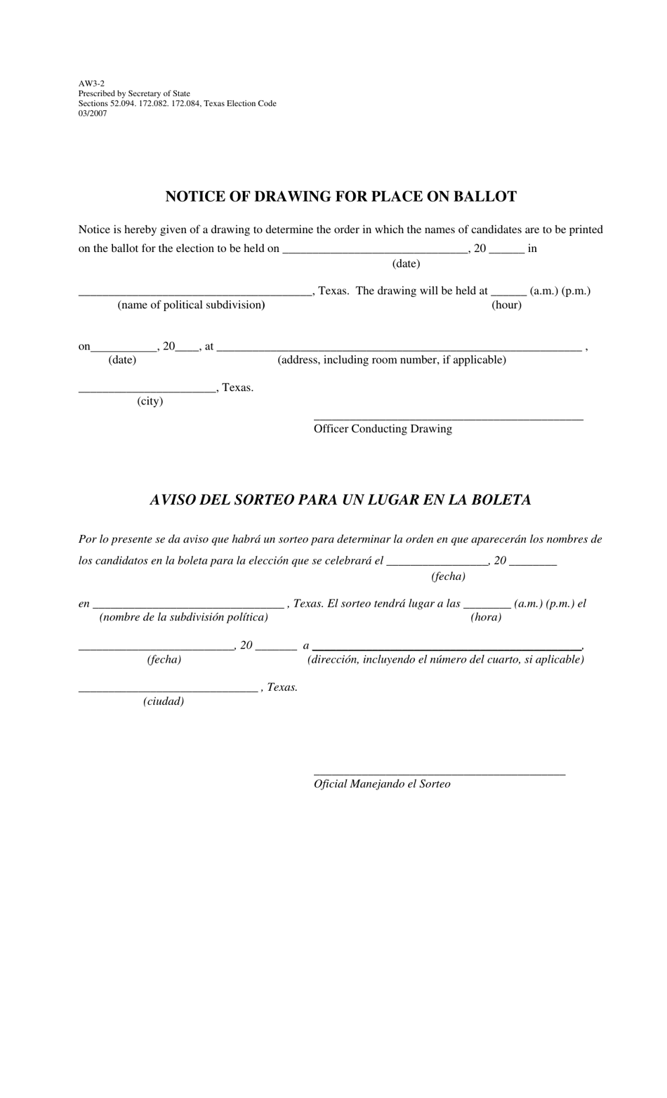 Form AW3-2 Notice of Drawing for Place on Ballot - Texas (English / Spanish), Page 1