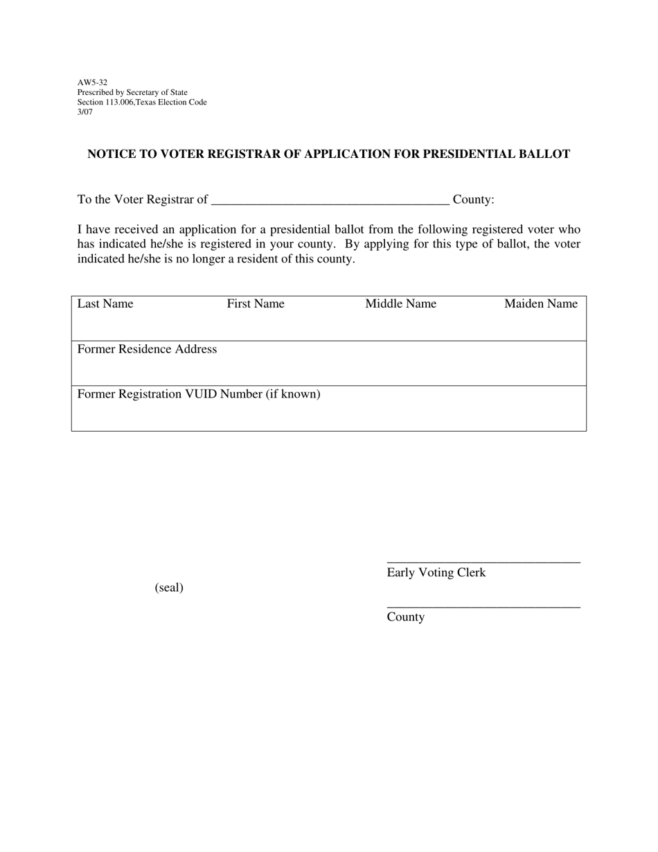 Form AW5-32 Notice to Voter Registrar of Application for Presidential Ballot - Texas, Page 1