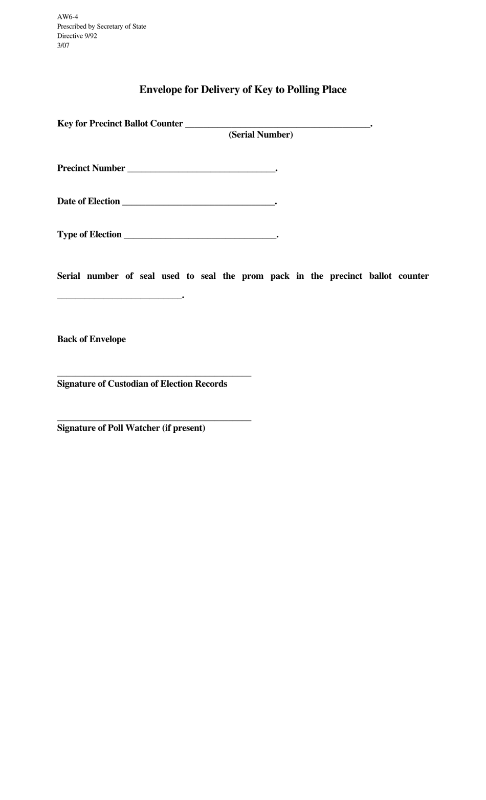 Form AW6-4 Envelope for Delivery of Key to Polling Place - Texas, Page 1