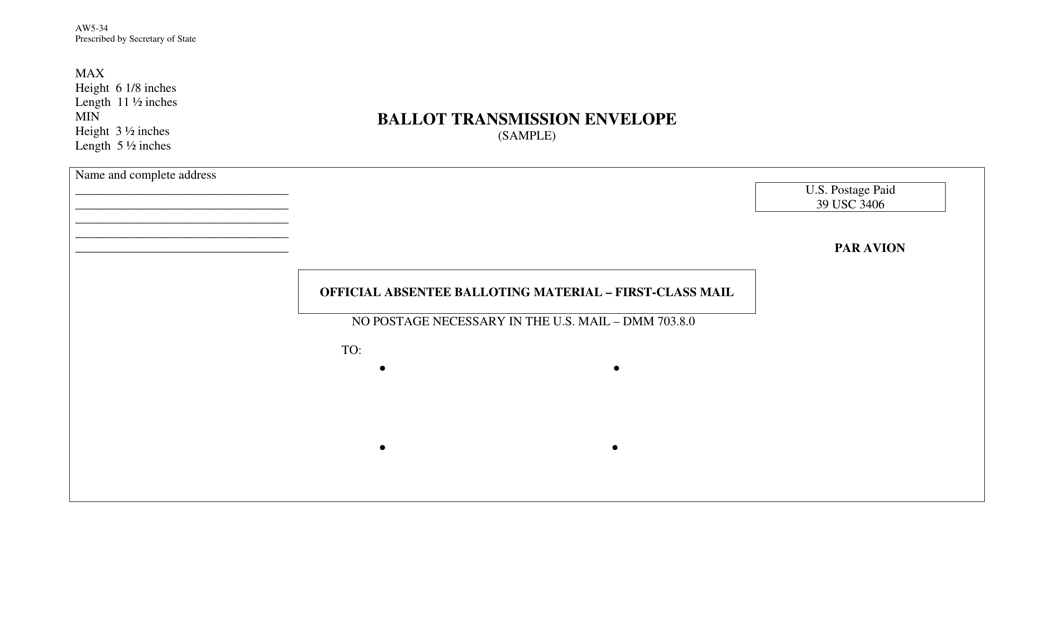 Form AW5-34 Envelope to Mail Ballot Materials to Fpca Voter - Texas