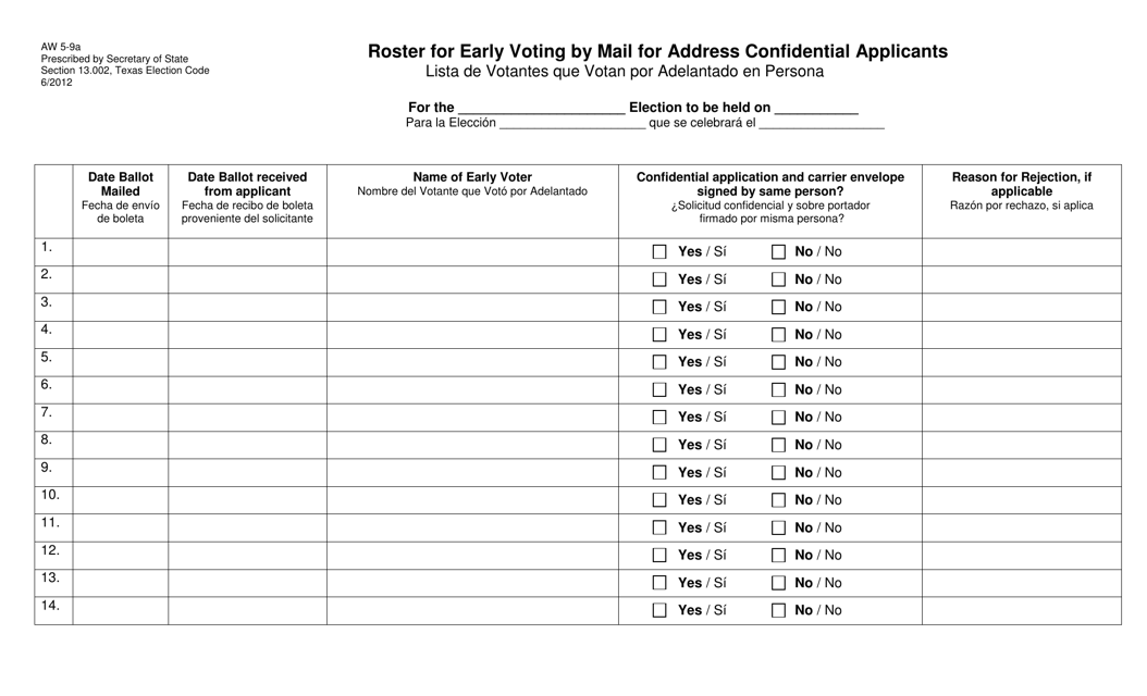 Form AW5-9A Roster for Early Voting by Mail for Address Confidential Applicants - Texas (English/Spanish)