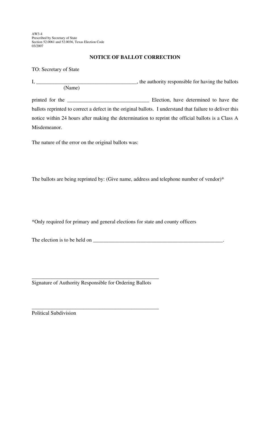 Form AW3-4 Notice of Ballot Correction - Texas, Page 1
