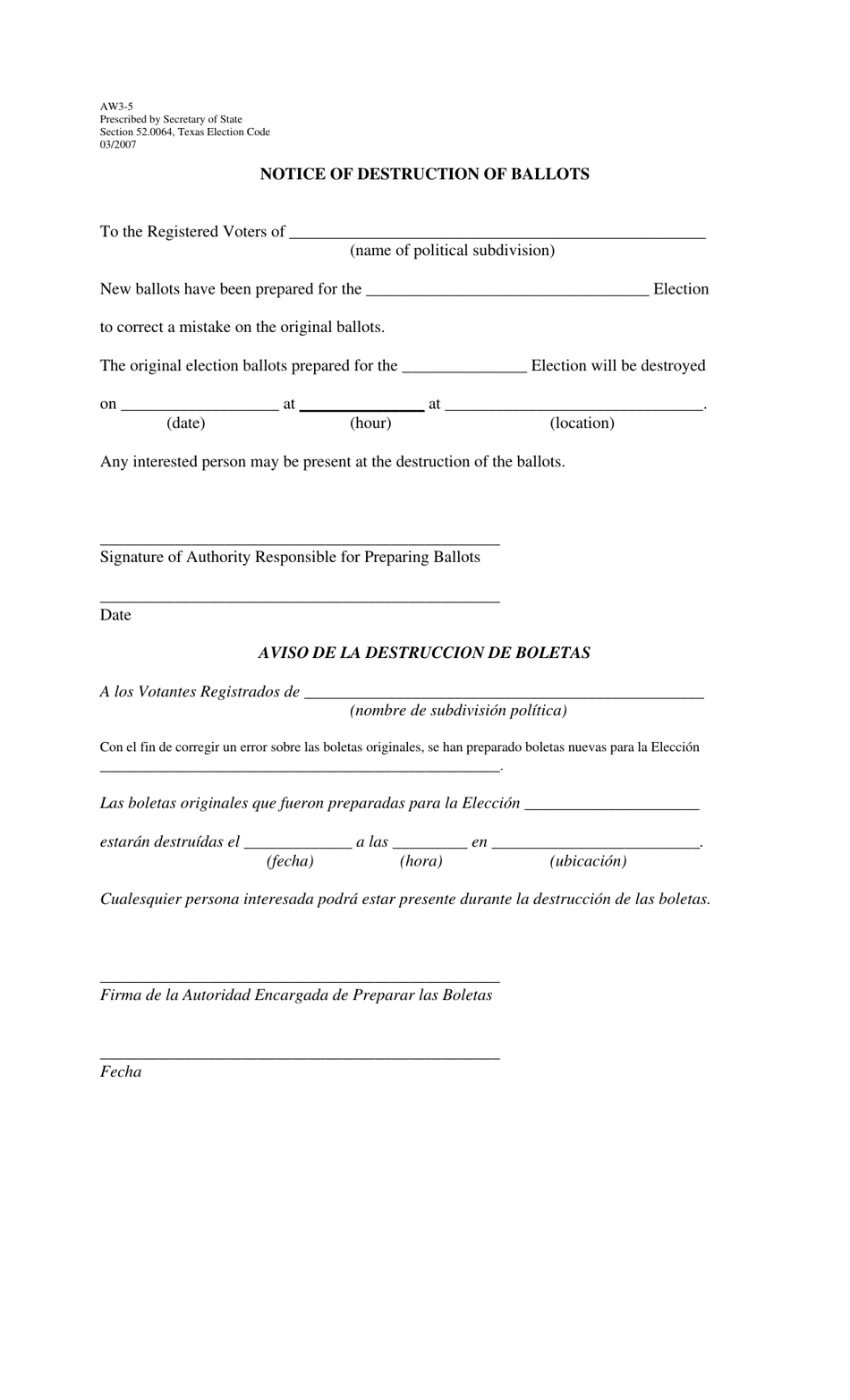 Form AW3-5 Notice of Destruction of Ballots - Texas (English / Spanish), Page 1