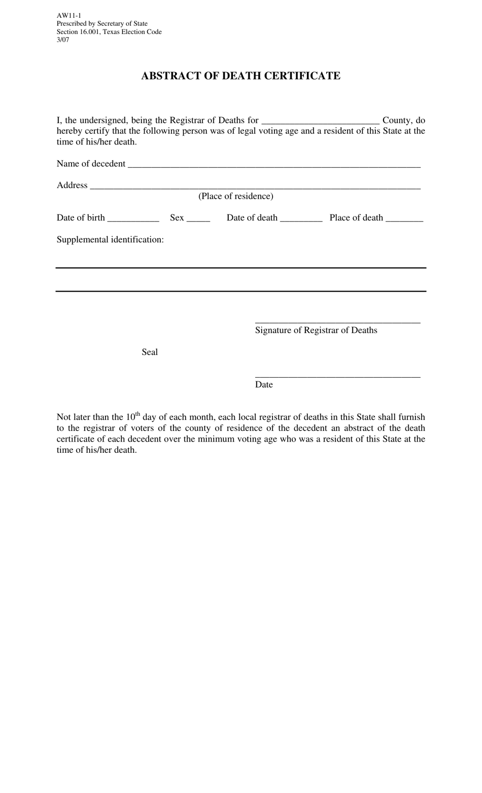 Form AW11-1 Abstract of Death Certificate - Texas, Page 1