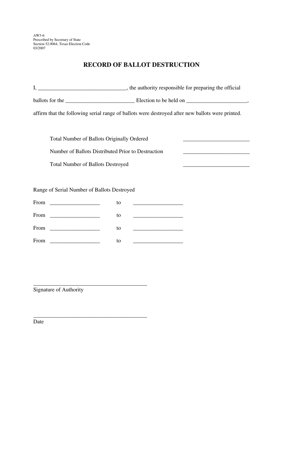 Form AW3-6 Record of Ballot Destruction - Texas, Page 1