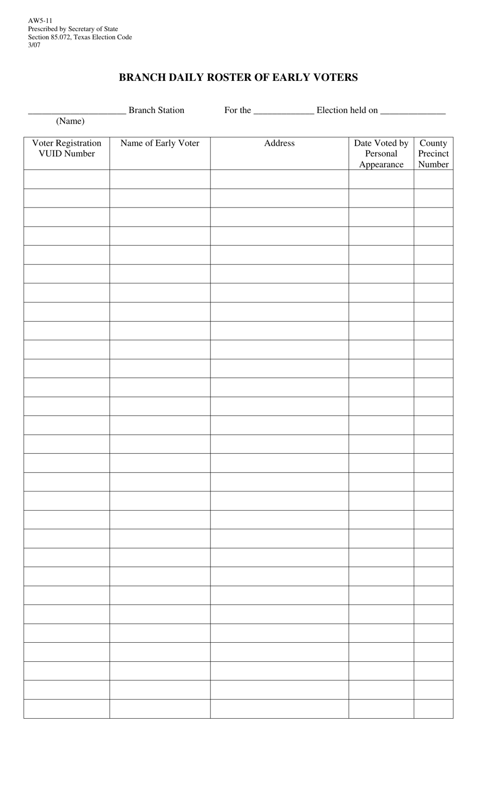 Form AW5-11 Branch Daily Roster of Early Voters - Texas, Page 1