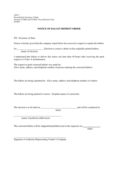 Form AW3-7 Notice of Ballot Reprint Order - Texas