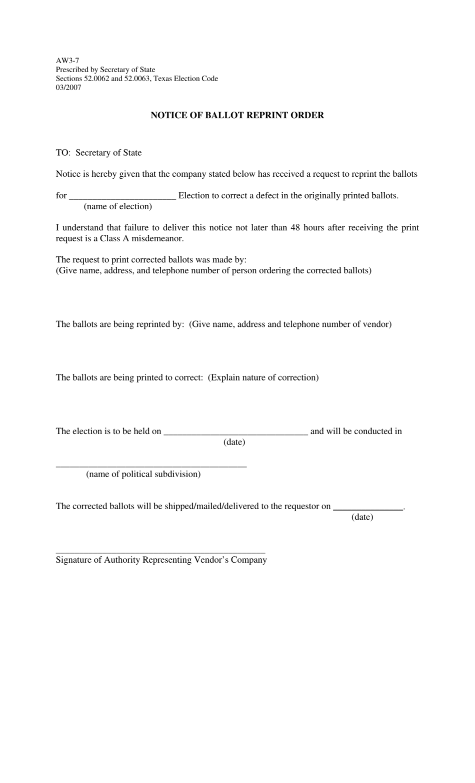 Form AW3-7 Notice of Ballot Reprint Order - Texas, Page 1