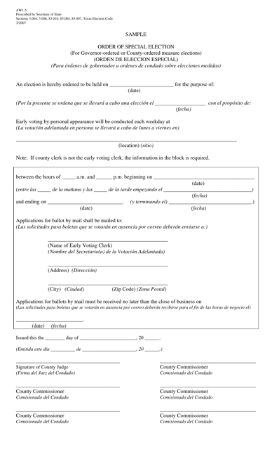 Form AW1-5 Order of Special Election (For Governor-Ordered or County-Ordered Measure Elections) - Texas (English/Spanish)