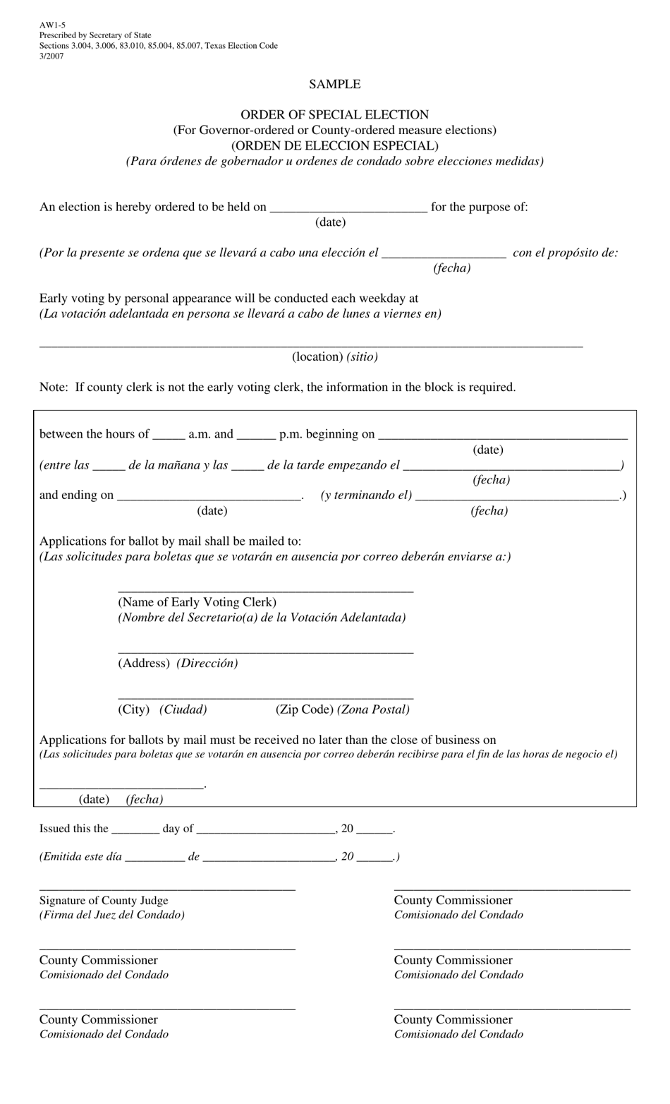 Form AW1-5 Order of Special Election (For Governor-Ordered or County-Ordered Measure Elections) - Texas (English / Spanish), Page 1