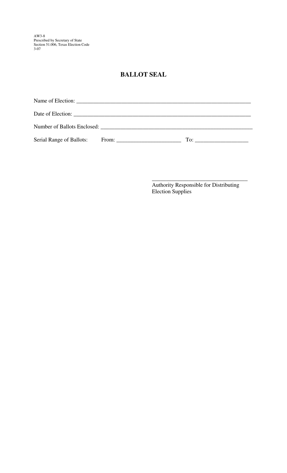 Form AW3-8 Ballot Seal - Texas, Page 1