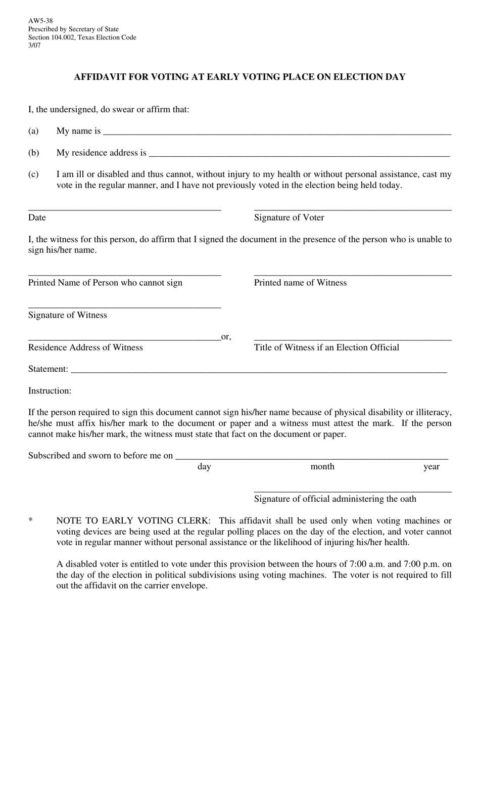 Form AW5-38 Affidavit for Voting at Early Voting Place on Election Day - Texas (English / Spanish), Page 1