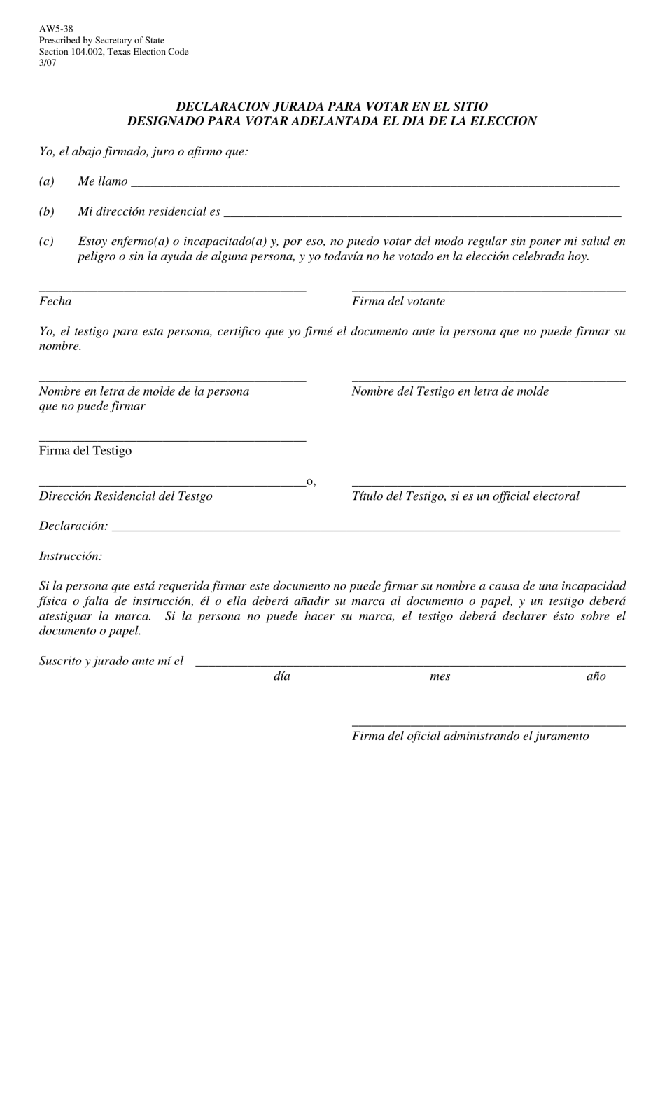 Form AW5-38 Affidavit for Voting at Early Voting Place on Election Day - Texas (English / Spanish), Page 2
