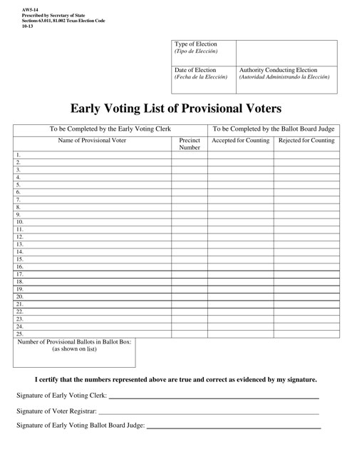 Form AW5-14 Early Voting List of Provisional Voters - Texas