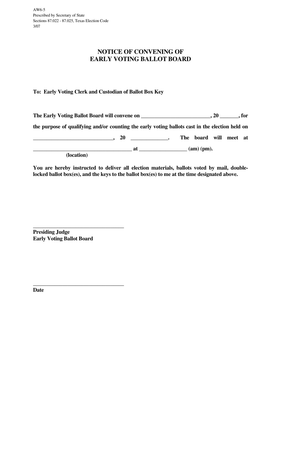 Form AW6-5 Notice of Convening of Early Voting Ballot Board - Texas, Page 1