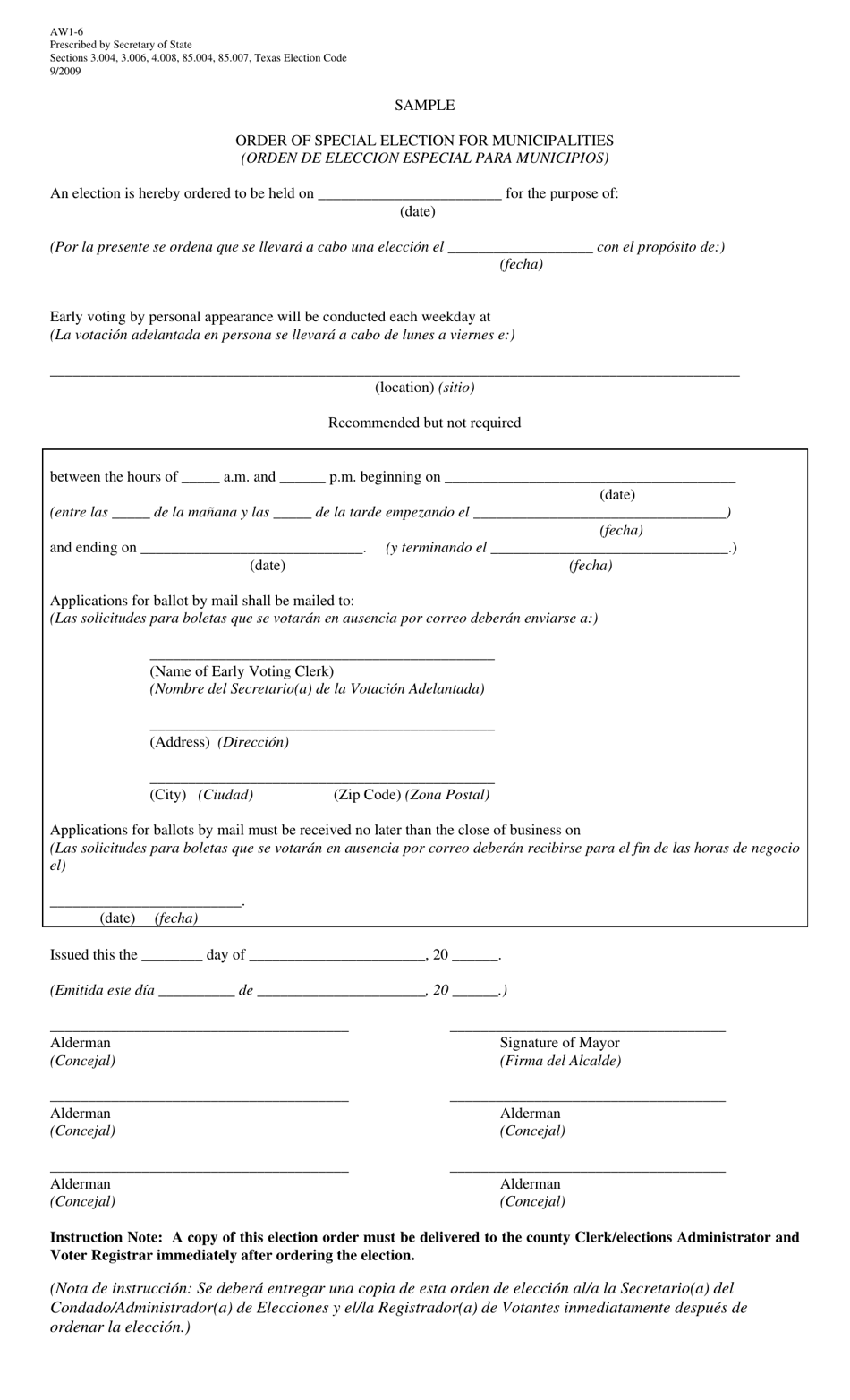 Form AW1-6 Order of Special Election for Municipalities - Texas (English / Spanish), Page 1