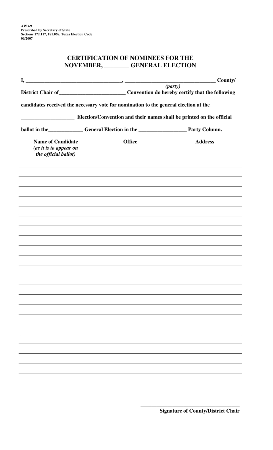 Form AW3-9 Certification of Nominees for the November General Election - Texas, Page 1