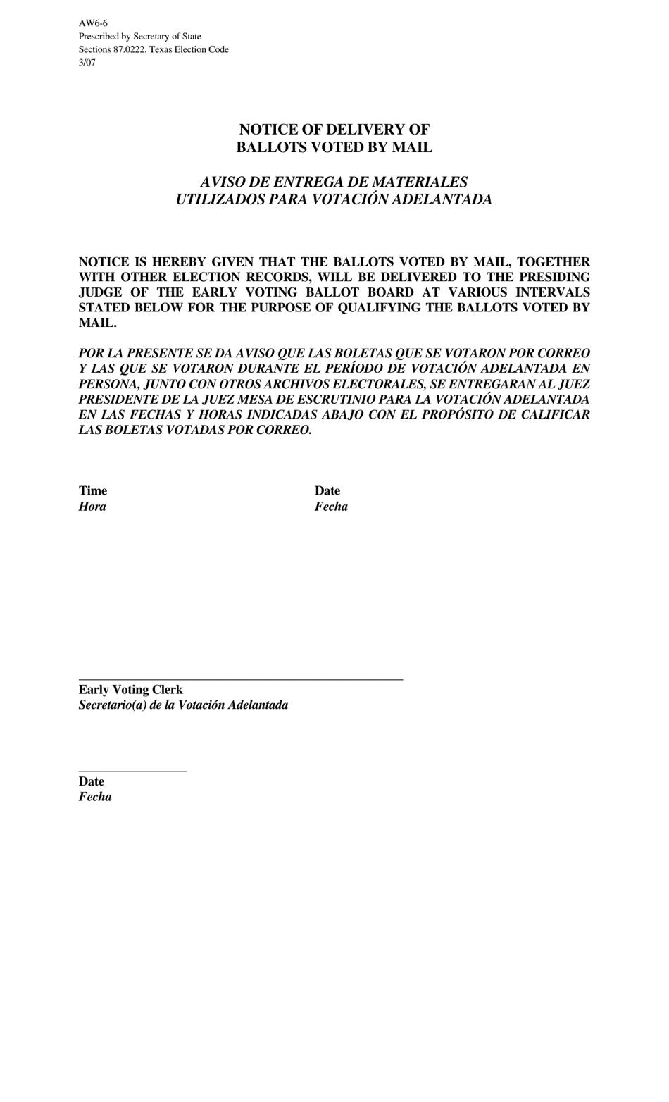 Form AW6-6 Notice of Delivery of Ballots Voted by Mail - Texas (English / Spanish), Page 1