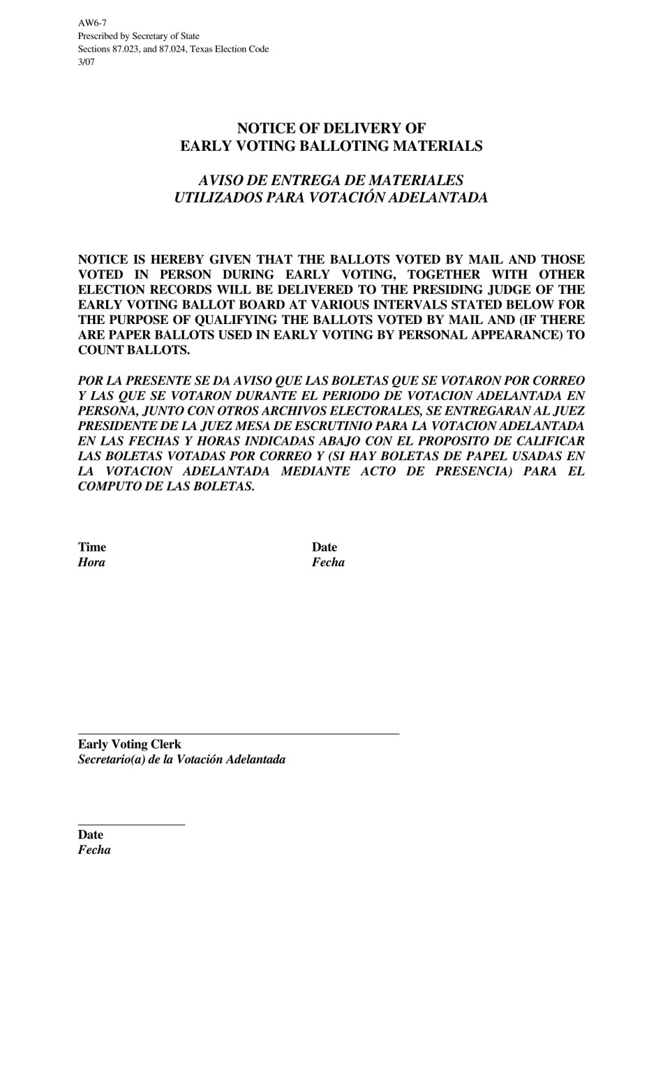 Form AW6-7 Notice of Delivery of Early Voting Balloting Materials - Texas (English / Spanish), Page 1