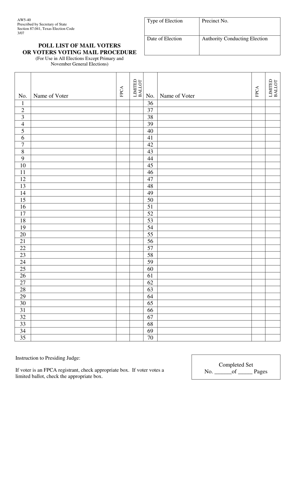 Form AW5-40 Poll List of Mail Voters or Voters Voting Mail Procedure (For Use in All Elections Except Primary and November General Elections) - Texas, Page 1