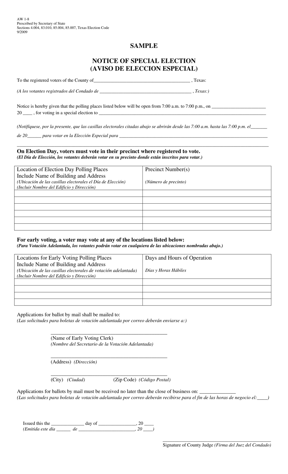 Form AW1-8 Notice of Special Election - Texas (English / Spanish), Page 1