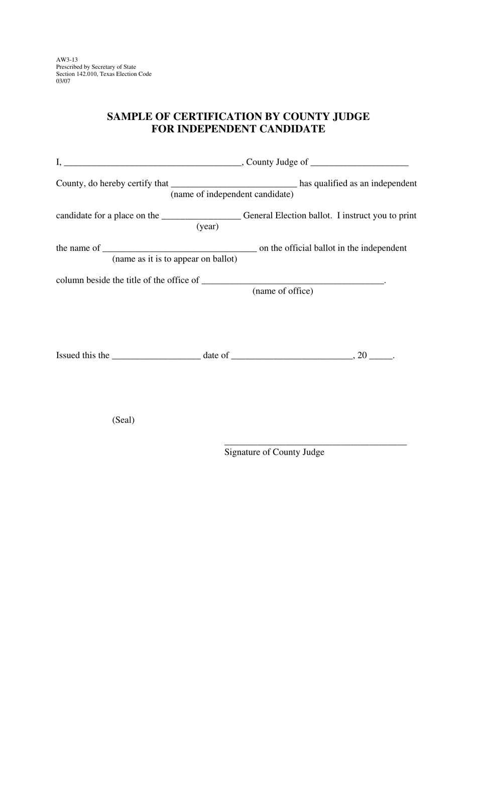 Form AW3-13 Sample of Certification by County Judge for Independent Candidate - Texas, Page 1