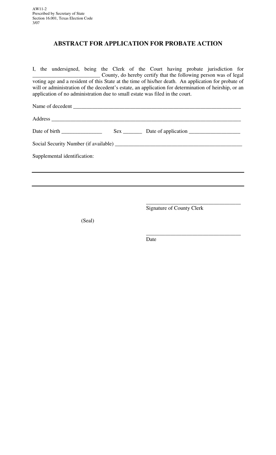 Form AW11-2 Abstract for Application for Probate Action - Texas, Page 1