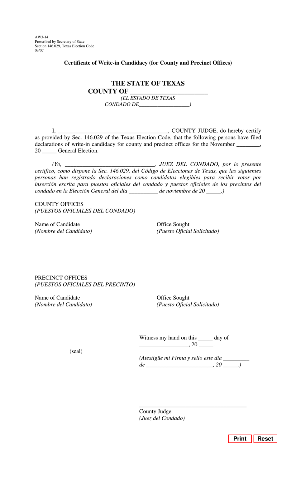 Form AW3-14 Certificate of Write-In Candidacy (For County and Precinct Offices) - Texas (English / Spanish), Page 1