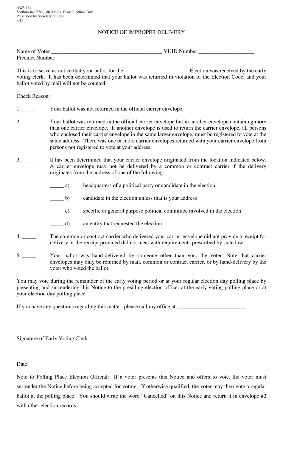Form AW5-16A Notice of Improper Delivery - Texas (English / Spanish), Page 1