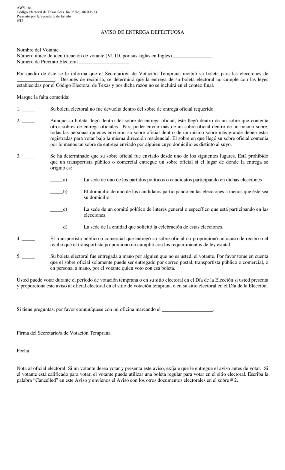 Form AW5-16A Notice of Improper Delivery - Texas (English / Spanish), Page 2