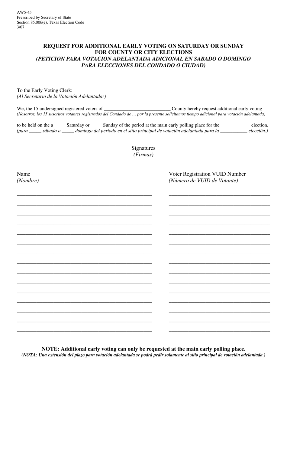 Form AW5-45 Request for Additional Early Voting on Saturday or Sunday for County or City Elections - Texas (English / Spanish), Page 1