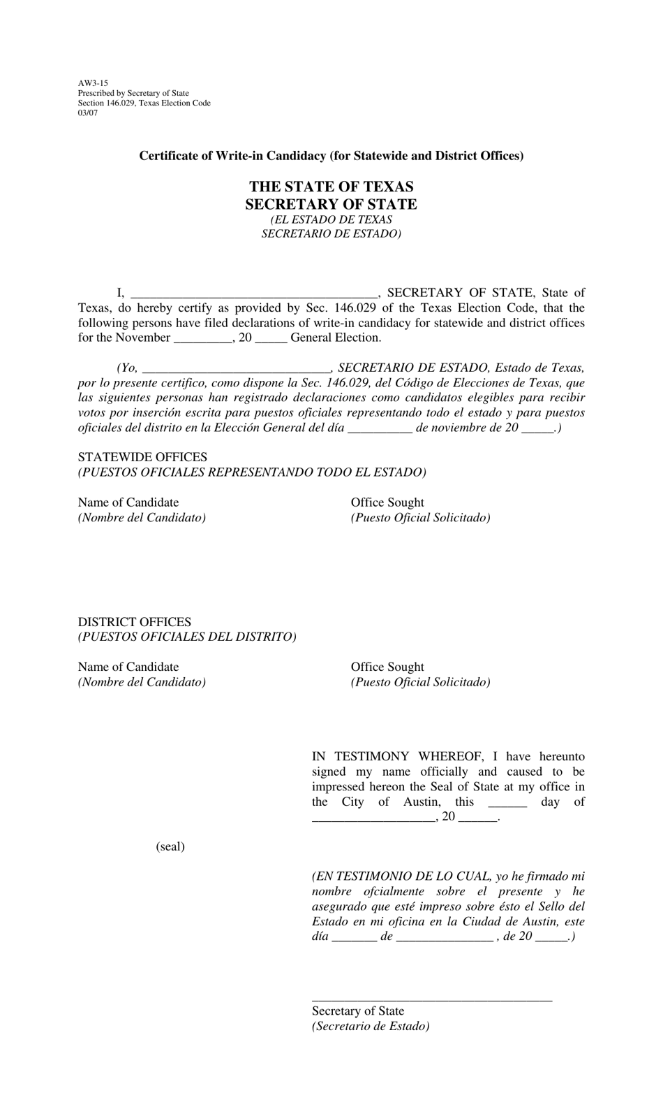 Form AW3-15 Certificate of Write-In Candidacy (For Statewide and District Offices) - Texas (English/Spanish), Page 1