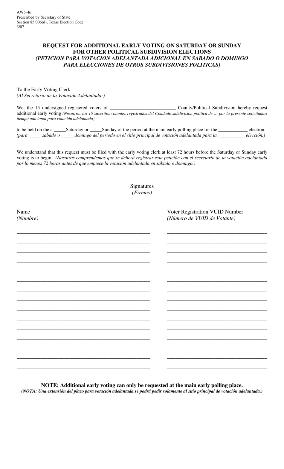 Form AW5-46 Request for Additional Early Voting on Saturday or Sunday for Other Political Subdivision Elections - Texas (English / Spanish), Page 1