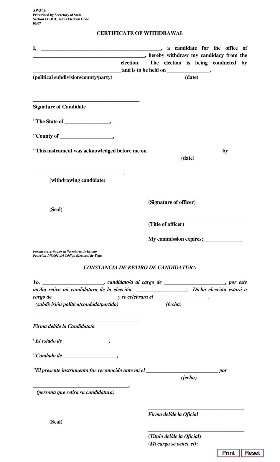 Form AW3-16 Certificate of Withdrawal - Texas (English / Spanish), Page 1