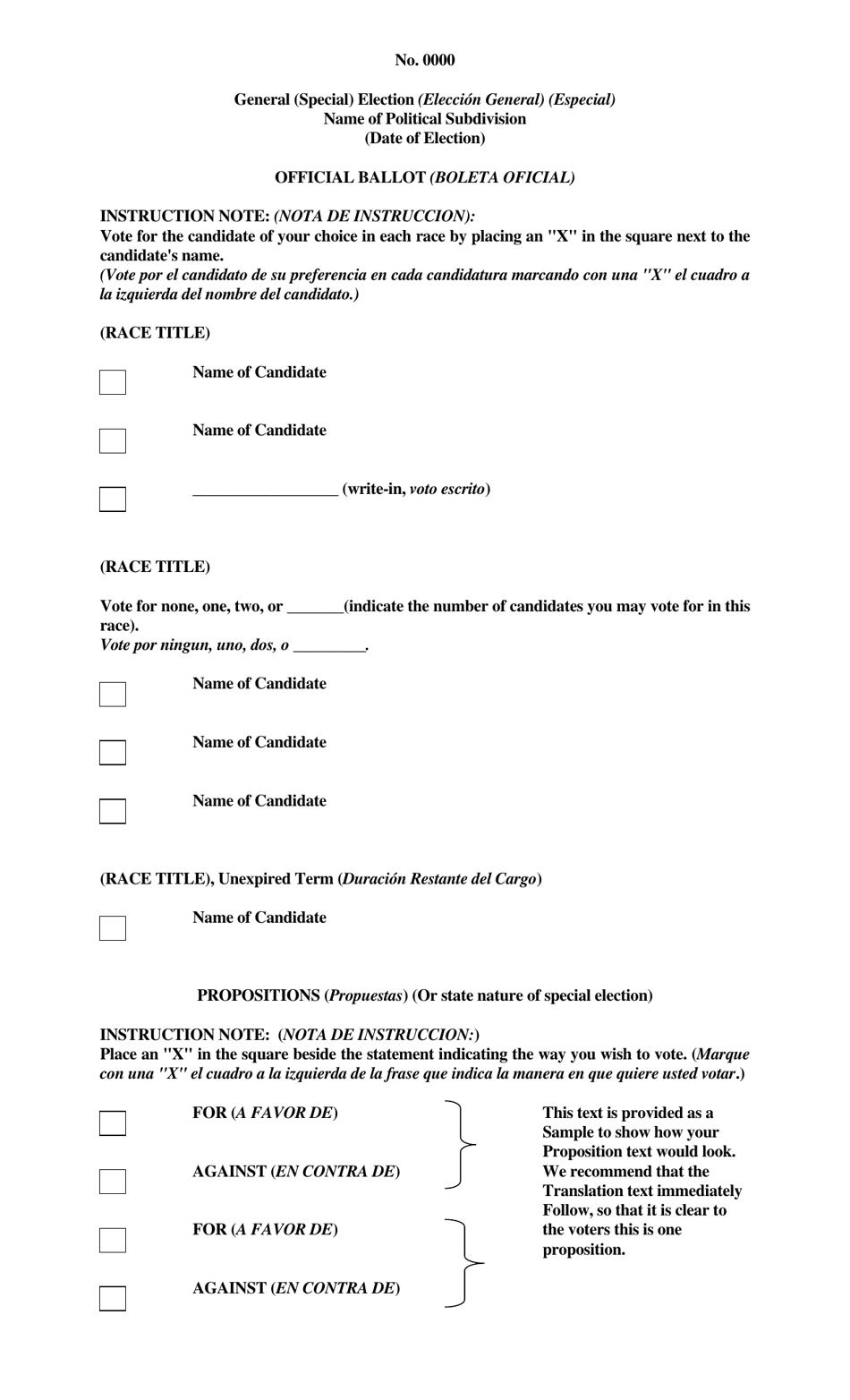 Form AW3-17 Model / Sample Ballot for a General or Special Election - Texas (English / Spanish), Page 1