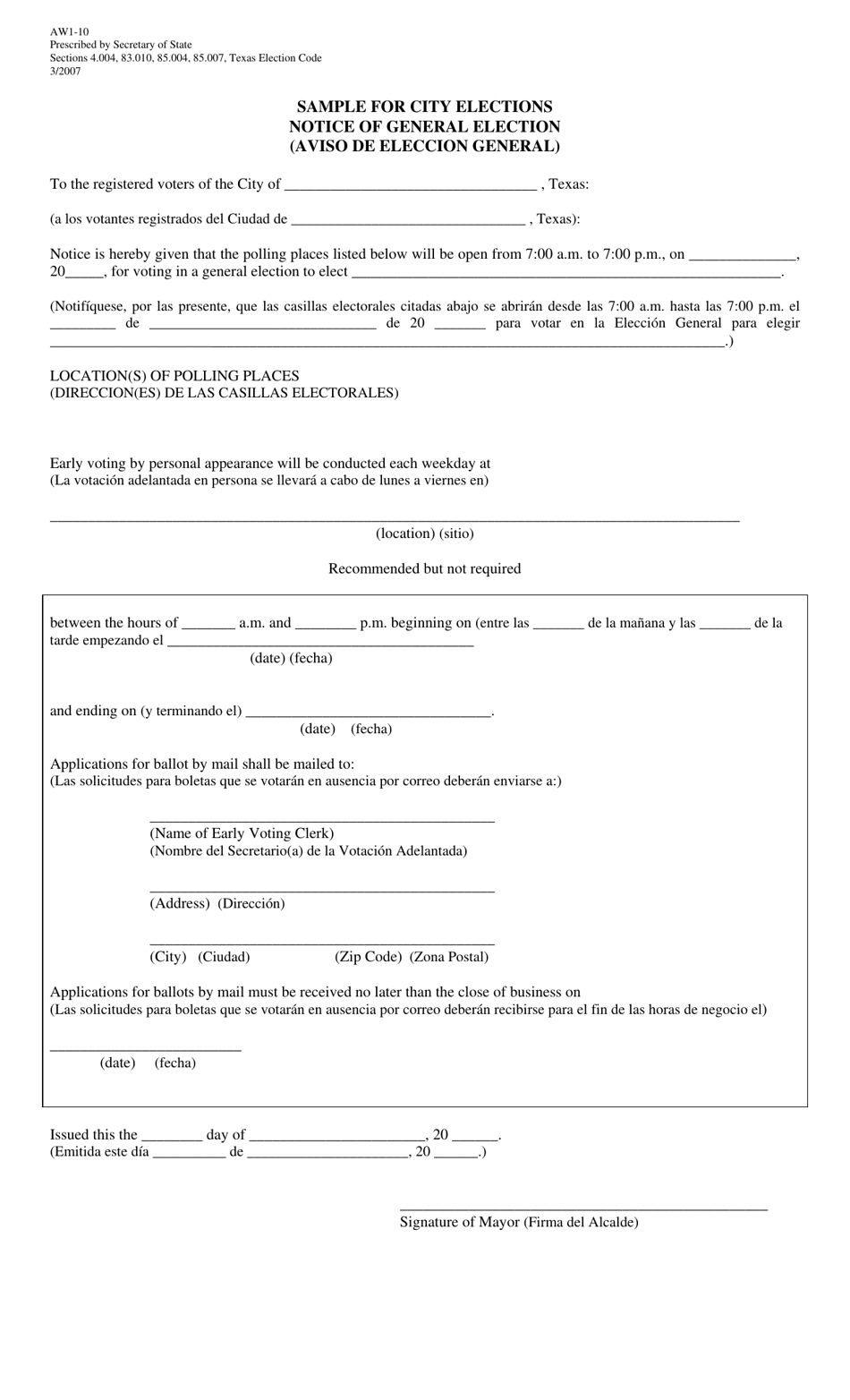 Form AW1-10 Sample for City Elections Notice of General Election - Texas (English / Spanish), Page 1