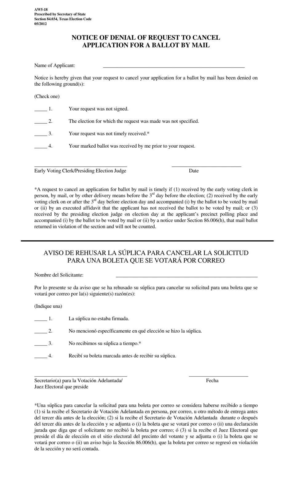 Form AW5-18 Notice of Denial of Request to Cancel Application for a Ballot by Mail - Texas (English / Spanish), Page 1